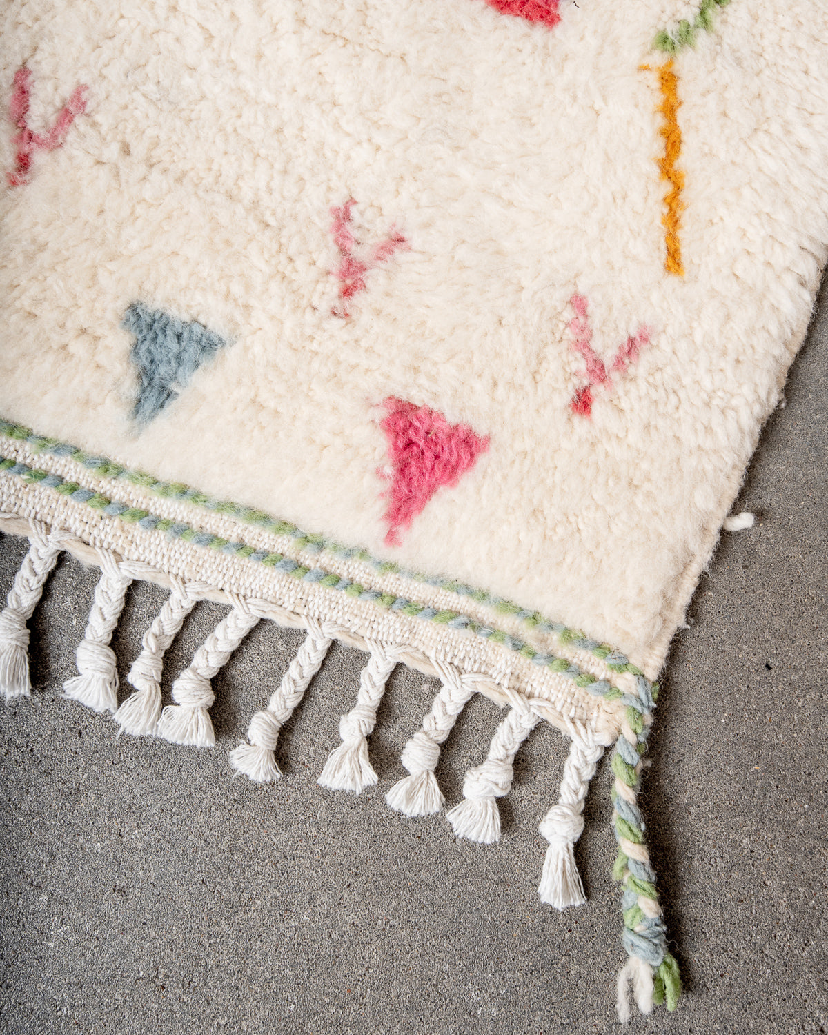 Modern, designer, handcrafted Berber rug from Morocco. Beniourain carpet with beautiful colours and patterns and fluffy wool texture.